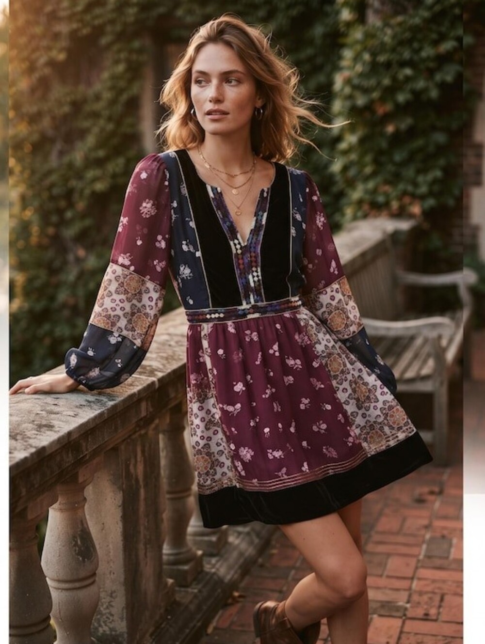 Anthropologie Maeve Burgundy Floral Patchwork Mini Dress Size L